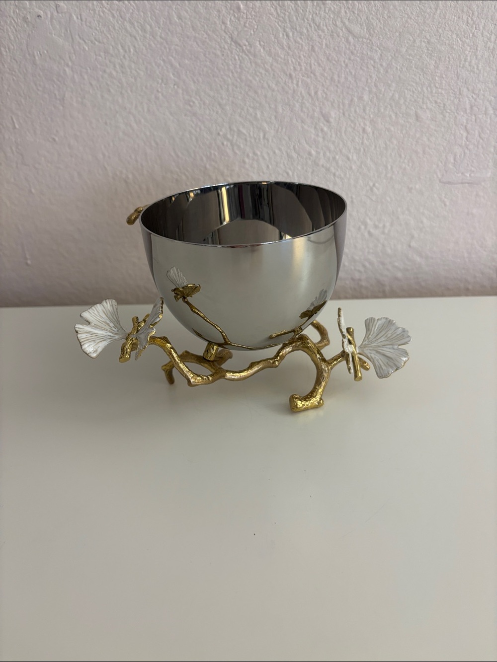 Michael Aram butterfly ginkgo gold nut bowl  with Gold Branch Stand